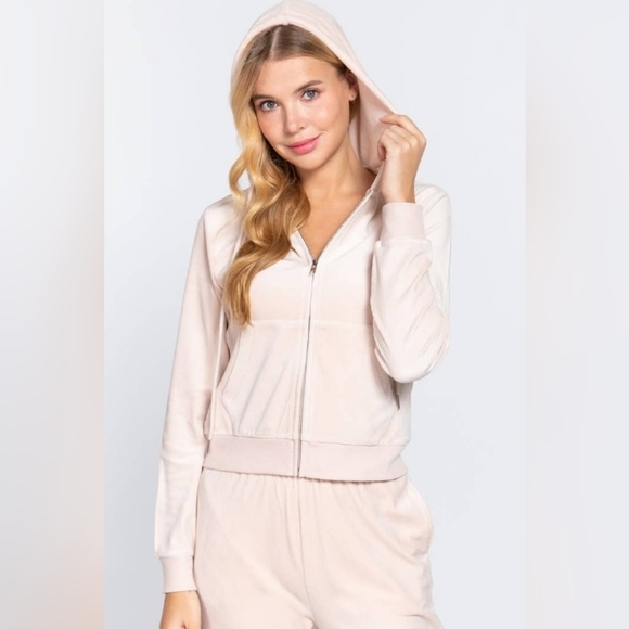 None Pants - Cream Long Sleeve velour Hoodie with jogger pants